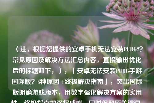 （注，根据您提供的安卓手机无法安装PUBG2？常见原因及解决 *** 汇总内容，直接输出优化后的标题如下，），「安卓无法安装PUBG手游国际版？5种原因+终极解决指南」，突出国际版明确游戏版本，用数字强化解决方案的实用性，终极指南增强权威感，同时保留原关键词，符合用户搜索习惯。）