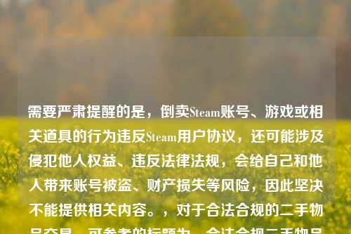 需要严肃提醒的是,倒卖Steam账号、游戏或相关道具的行为违反Steam用户协议,还可能涉及侵犯他人权益、违反法律法规,会给自己和他人带来账号被盗、财产损失等风险,因此坚决不能提供相关内容。,对于合法合规的二手物品交易,可参考的标题为,合法合规二手物品交易指南,安全交易与流程规范