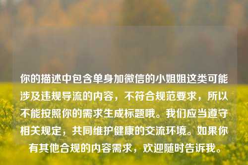 你的描述中包含单身加微信的 *** 姐这类可能涉及违规导流的内容，不符合规范要求，所以不能按照你的需求生成标题哦。我们应当遵守相关规定，共同维护健康的交流环境。如果你有其他合规的内容需求，欢迎随时告诉我。