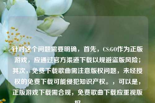针对这个问题需要明确,首先,CS:GO作为正版游戏,应通过官方渠道下载以规避盗版风险;其次,免费下载歌曲需注意版权问题,未经授权的免费下载可能侵犯知识产权。,可以是,正版游戏下载需合规,免费歌曲下载应重视版权