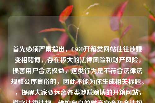 首先必须严肃指出，CSGO开箱类网站往往涉嫌变相赌博，存在极大的法律风险和财产风险，损害用户合法权益，这类行为是不符合法律法规和公序良俗的，因此不能为你生成相关标题。，提醒大家要远离各类涉嫌赌博的开箱网站，遵守法律法规，维护自身的财产安全和合法权益。